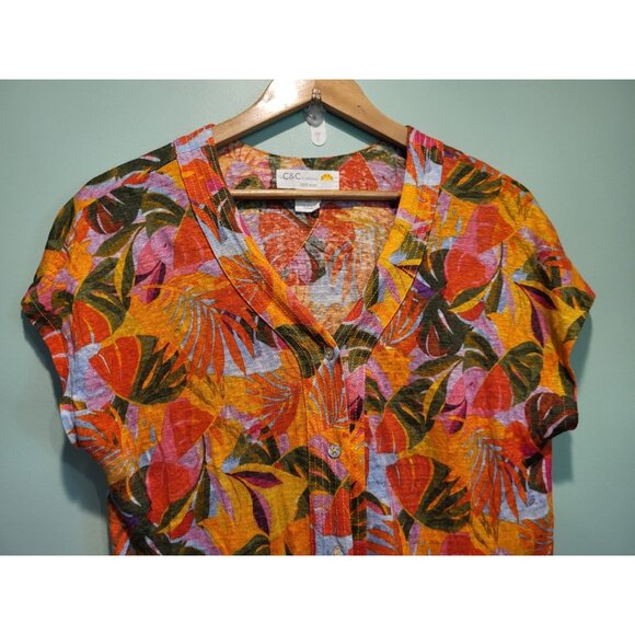 Colorful Tropical 100% Linen Knit Button Up Cap Sleeve Top Sz L - Picture 2 of 4